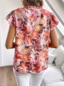 SHEIN LUNE Áo sơ mi nữ viền lá sen Xù Tất cả trên in Hoa Boho - Nhiều màu - Xem 2