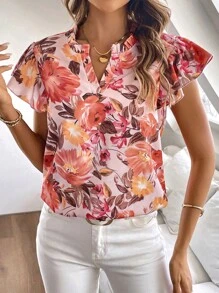 SHEIN LUNE Áo sơ mi nữ viền lá sen Xù Tất cả trên in Hoa Boho - Nhiều màu - Xem 4