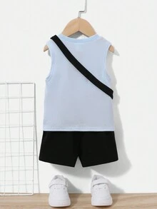 SHEIN 男嬰素色背心上衣和短褲和包 - 彩色 - 查看 2