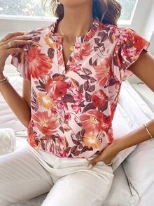 SHEIN LUNE Áo sơ mi nữ viền lá sen Xù Tất cả trên in Hoa Boho - Nhiều màu - Xem 5