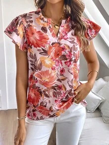 SHEIN LUNE Áo sơ mi nữ viền lá sen Xù Tất cả trên in Hoa Boho - Nhiều màu - Xem 6