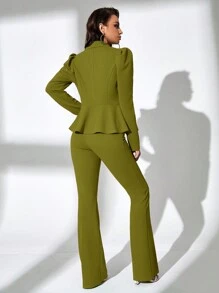 SHEIN SXY 素色開門襟西裝外套和喇叭褲 - 綠色 - 查看 2