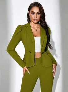 SHEIN SXY 素色開門襟西裝外套和喇叭褲 - 綠色 - 查看 6