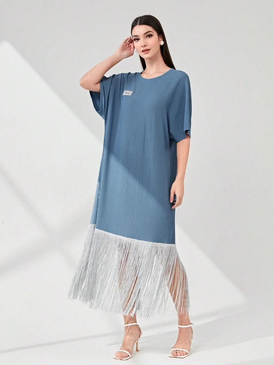 Mulvari Letter Patched Fringe Hem Batwing Sleeve Dress
