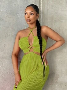 SHEIN SXY 交叉後背繫帶掛脖連衣裙 - 綠色 - 查看 5