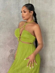SHEIN SXY 交叉後背繫帶掛脖連衣裙 - 綠色 - 查看 6