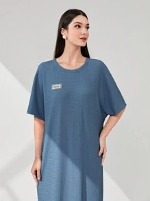 Mulvari Letter Patched Fringe Hem Batwing Sleeve Dress