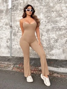 SHEIN SXY Solid Backless Flare Leg Cami Jumpsuit - Khaki - View 2
