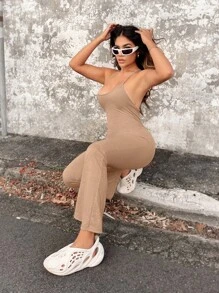 SHEIN SXY Solid Backless Flare Leg Cami Jumpsuit - Khaki - View 4