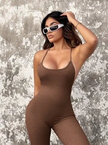 SHEIN SXY 素色喇叭吊帶連體褲 - 棕色 - 查看 5