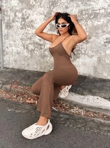 SHEIN SXY 素色喇叭吊帶連體褲 - 棕色 - 查看 6