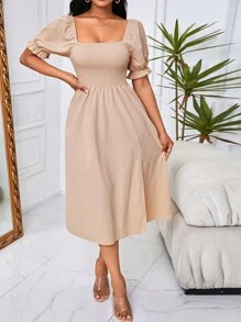 SHEIN VCAY Đầm Xù Tách cao Dải chun màu trơn Giải trí - Màu be - Xem 1