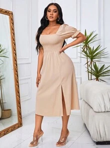 SHEIN VCAY Đầm Xù Tách cao Dải chun màu trơn Giải trí - Màu be - Xem 3