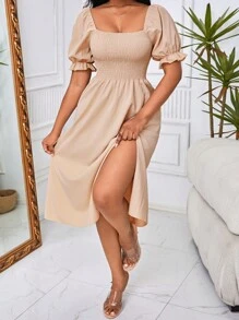 SHEIN VCAY Đầm Xù Tách cao Dải chun màu trơn Giải trí - Màu be - Xem 4