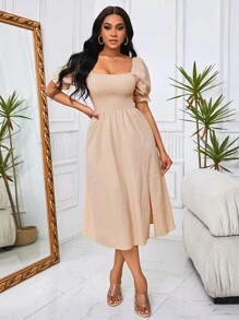 SHEIN VCAY Đầm Xù Tách cao Dải chun màu trơn Giải trí - Màu be - Xem 5