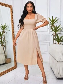 SHEIN VCAY Đầm Xù Tách cao Dải chun màu trơn Giải trí - Màu be - Xem 6