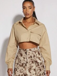 SHEIN BAE 翻蓋口袋落肩袖短款襯衫 - 卡其色 - 查看 3
