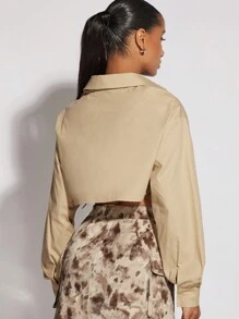 SHEIN BAE 翻蓋口袋落肩袖短款襯衫 - 卡其色 - 查看 2