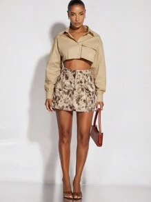 SHEIN BAE 翻蓋口袋落肩袖短款襯衫 - 卡其色 - 查看 4