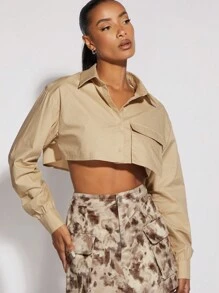 SHEIN BAE 翻蓋口袋落肩袖短款襯衫 - 卡其色 - 查看 5