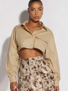SHEIN BAE 翻蓋口袋落肩袖短款襯衫 - 卡其色 - 查看 1