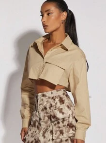 SHEIN BAE 翻蓋口袋落肩袖短款襯衫 - 卡其色 - 查看 6