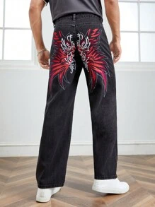 Manfinity VCAY Men Cotton Embroidery Wings Pattern Straight Leg Jeans - Black - View 1