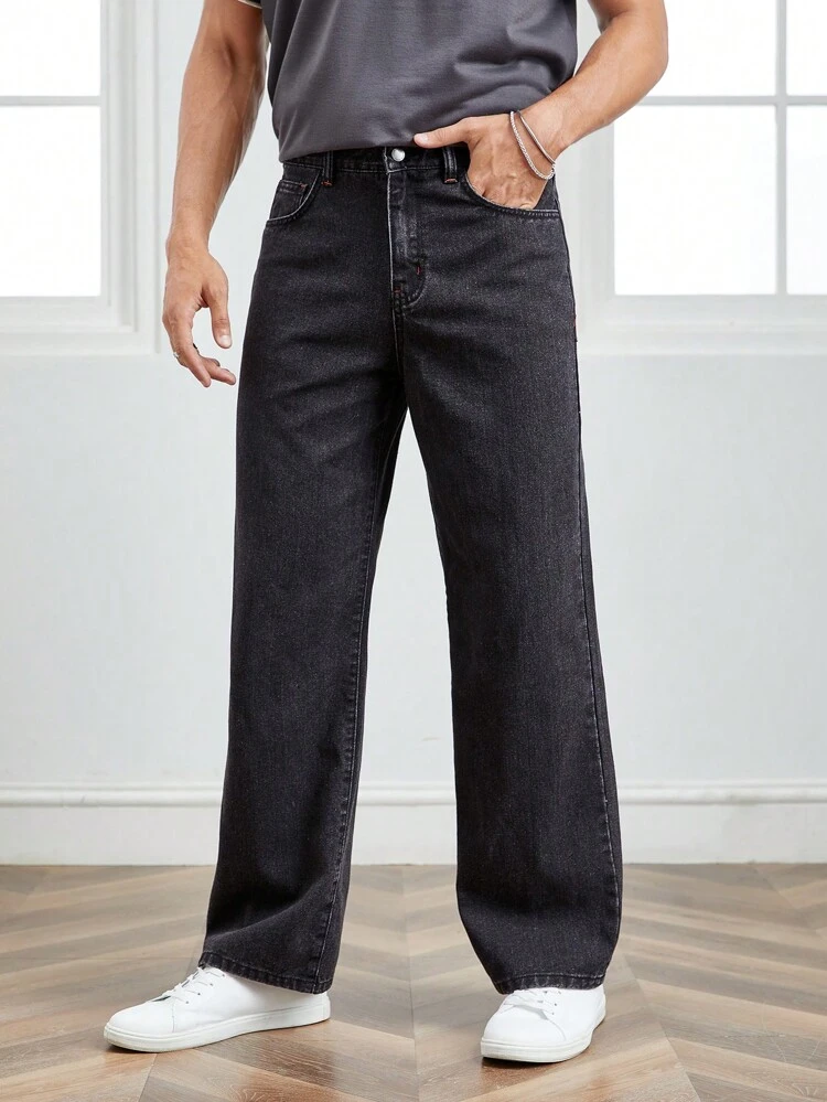 Men Cotton Embroidery Wings Pattern Straight Leg Jeans