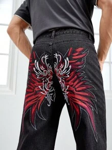 Manfinity VCAY Men Cotton Embroidery Wings Pattern Straight Leg Jeans - Black - View 7