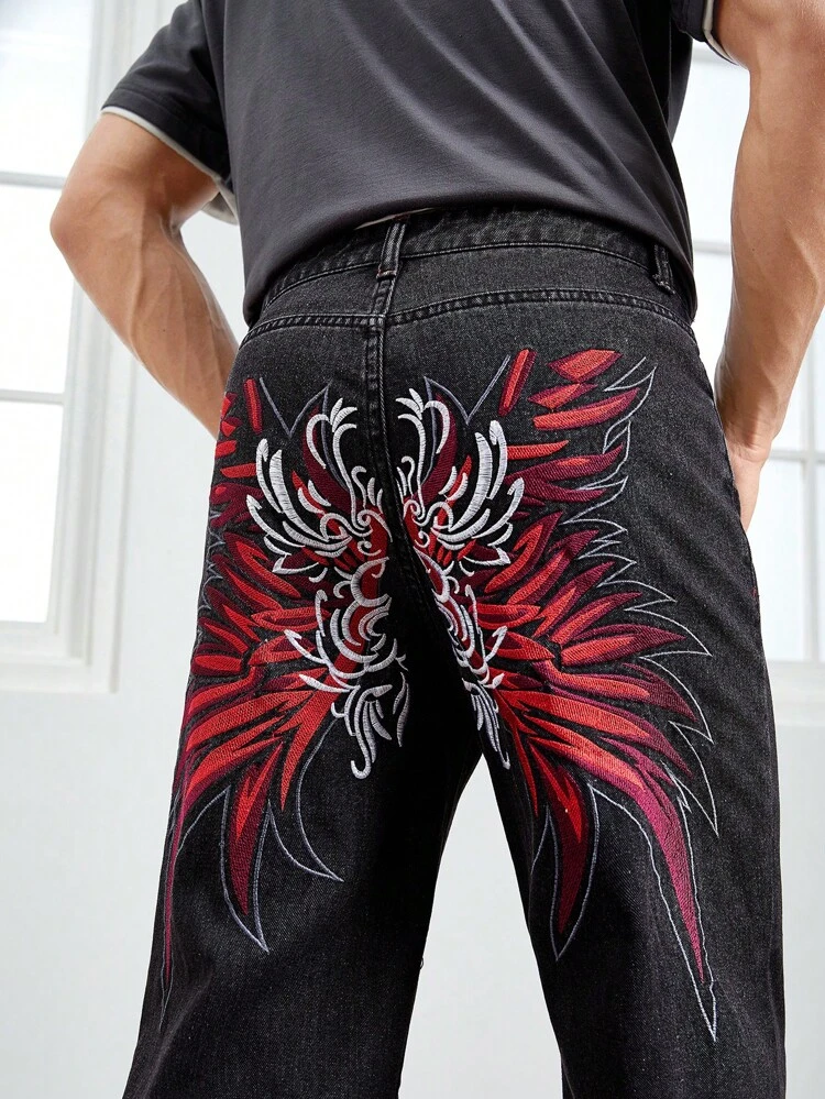 Men Cotton Embroidery Wings Pattern Straight Leg Jeans
