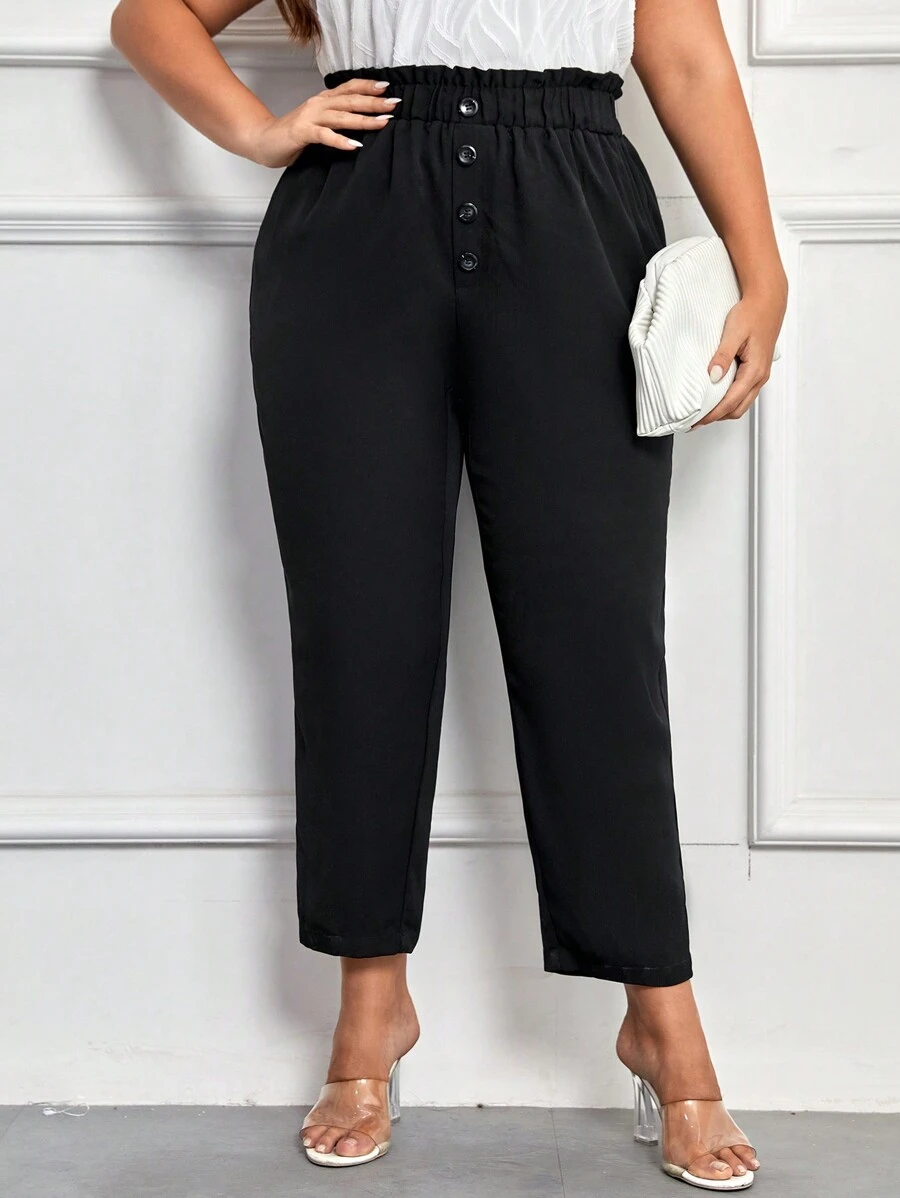 SHEIN Privé Hơn Nếp gấp cao eo Nút phía trước Quần - màu đen - Xem 1