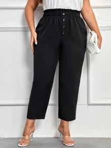 SHEIN Privé Hơn Nếp gấp cao eo Nút phía trước Quần - màu đen - Xem 5