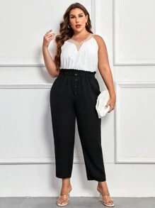 SHEIN Privé Hơn Nếp gấp cao eo Nút phía trước Quần - màu đen - Xem 6