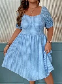 Flirla 大碼格子圖案雞心領口泡泡袖連衣裙 - 藍色 - 查看 4