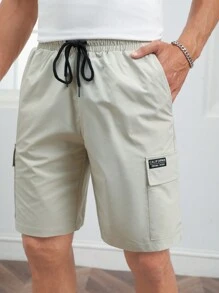 GENTILAND Men Letter Patched Flap Pocket Shirt & Drawstring Waist Shorts - Beige - View 4