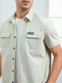 GENTILAND Men Letter Patched Flap Pocket Shirt & Drawstring Waist Shorts - Beige - View 6