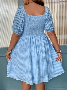 Flirla 大碼格子圖案雞心領口泡泡袖連衣裙 - 藍色 - 查看 2