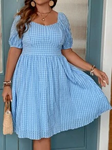 Flirla 大碼格子圖案雞心領口泡泡袖連衣裙 - 藍色 - 查看 5