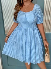 Flirla 大碼格子圖案雞心領口泡泡袖連衣裙 - 藍色 - 查看 1