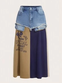 SHEINNeu 標語和印花撞色毛邊緣牛仔半身裙 - 彩色 - 查看 1