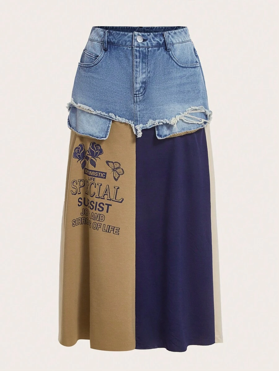 SHEINNeu 標語和印花撞色毛邊緣牛仔半身裙 - 彩色 - 查看 1