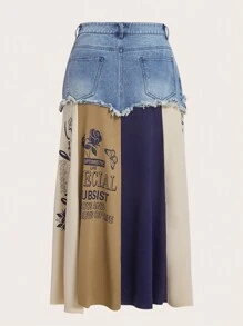 SHEINNeu 標語和印花撞色毛邊緣牛仔半身裙 - 彩色 - 查看 2