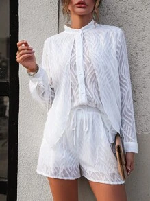 SHEIN Frenchy 素色前紐扣襯衫和短褲 - 白色 - 查看 3