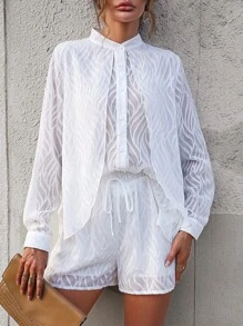 SHEIN Frenchy 素色前紐扣襯衫和短褲 - 白色 - 查看 5