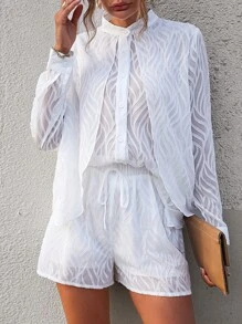 SHEIN Frenchy 素色前紐扣襯衫和短褲 - 白色 - 查看 1