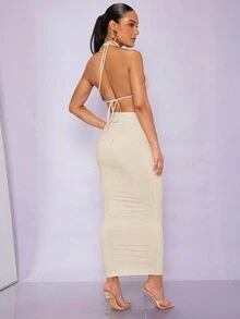 SHEIN BAE Bộ đồ hai mảnh nữ Lộ Lưng Vắt Buộc lại màu trơn Gợi cảm - Màu be - Xem 2