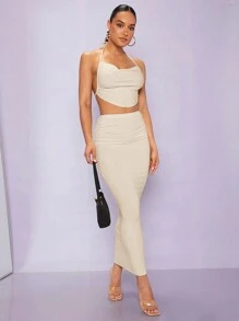 SHEIN BAE Bộ đồ hai mảnh nữ Lộ Lưng Vắt Buộc lại màu trơn Gợi cảm - Màu be - Xem 3