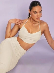 SHEIN BAE Bộ đồ hai mảnh nữ Lộ Lưng Vắt Buộc lại màu trơn Gợi cảm - Màu be - Xem 5