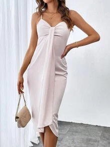 SHEIN Privé 素色褶邊緊身吊帶連衣裙 - 米色 - 查看 3