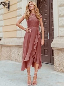 MIUSOL Floral Lace Ruffle Neck Chiffon Maxi Dress, Suitable For Formal Parties, Semi-Formal Occasions, Elegant Dinners - Dusty Pink - View 4